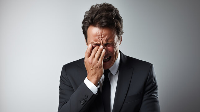 a man in suit crying and sobbing, feeling sad, standing against black background