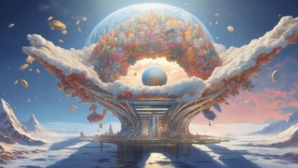 Futuristic landscape of a future city in winter.