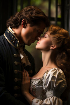 cover of historical romance novel, a deeply in love couple shares a tender hug, portraying a timeless tale of passion