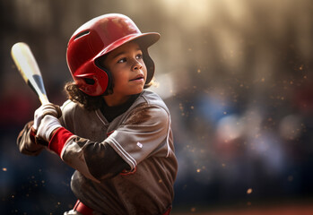 Young batter hitting the ball in a youth baseball game - obrazy, fototapety, plakaty