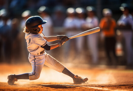 Young batter hitting the ball in a youth baseball game