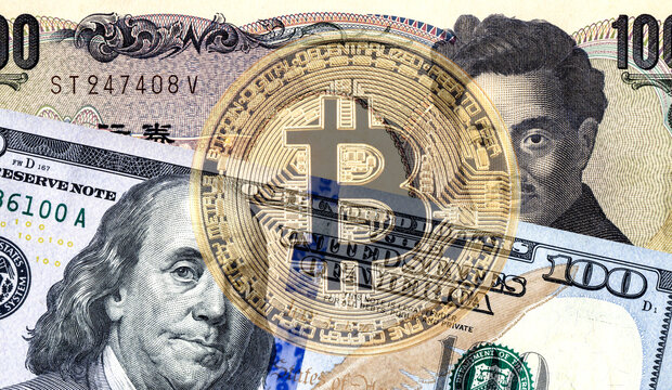 Japanese yen banknote, american dollar and translucent image of Bitcoin