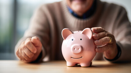 Joyful elderly man holding a pink piggybank, symbolizing financial security and the importance of savings, especially for retirement.
