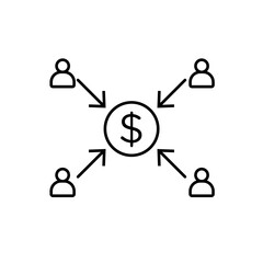 Contribution vector icon. Money donate vector symbol. Contribute donation sign. Payment symbol. Budget line icon in black and white color.