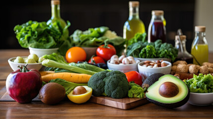 Variety of healthy foods including a fillet of salmon, avocados, nuts, leafy greens, and other vegetables