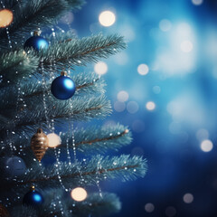 Obraz na płótnie Canvas Christmas Tree With Ornaments In Blue And Bokeh Lights - Real Fir Branches With Glittering In Abstract Defocused Background - This Image Contain 3d Rendering Elements 