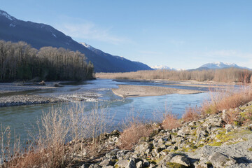 Beautiful view of the Squamish River during a fall season at the Eagle Run vista point in Brackendale, Squamish, British Columbia, Canada