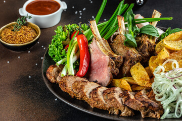 Shashlik or shish kebab prepared on barbecue grill pieces of meat, banner, menu, recipe copy space, top view