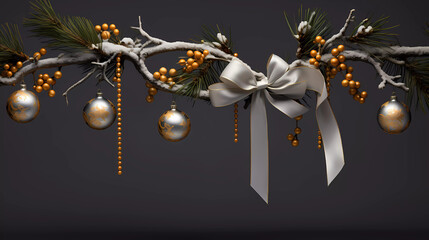 A christmas tree branch with gold and silver ornaments hanging from it's branches