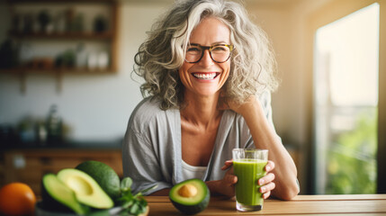 Smiling woman with curly grey hair, wearing glasses, holding a green smoothie in a modern kitchen with fresh vegetables on the countertop. - Powered by Adobe