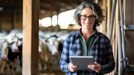 Mature woman focusing on a tablet inside a barn with cows in the background, depicting modern farming management.