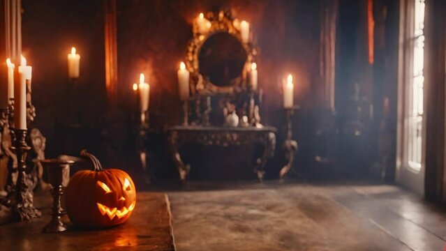 Video of a room on Halloween, pumpkins and candles lit
