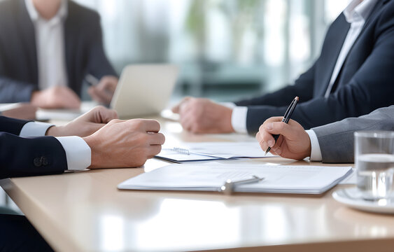 hands of businessmen sitting at the table on blurred office back