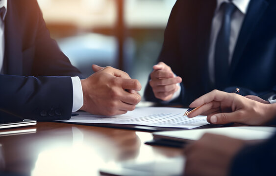 hands of businessmen sitting at the table on blurred office back
