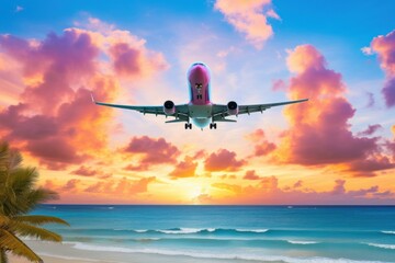 An airplane embarks on a summertime journey, its trip signaling holidays of relaxation and sunlight, the epitome of vacations transportation