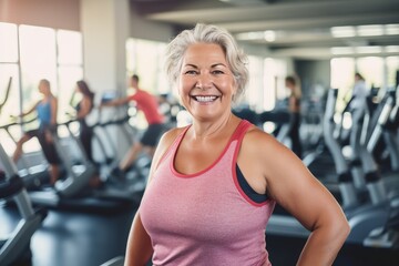 Obraz premium Cheerful elderly woman in fitness attire with a radiant smile at a gym, promoting active aging