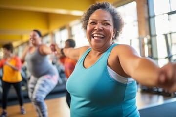retired African-American woman overweight at the gym - obrazy, fototapety, plakaty