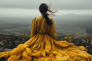 Solitary Woman in Yellow Gown Contemplating Nature
