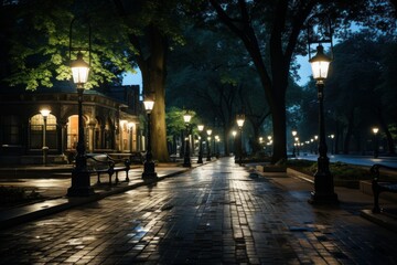 Fototapeta na wymiar Quiet Evening Walk Down a Lamp-Lit Park Path