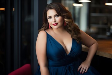 Fototapeta premium Elegant Woman in Blue Dress at Evening Venue