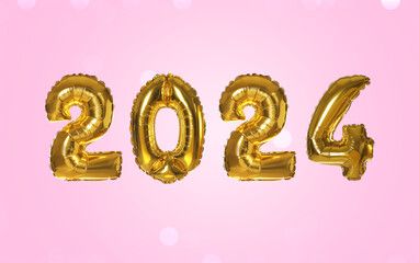 New 2024 Year. Golden number shaped balloons on pink background
