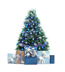 Beautiful Christmas tree with many gift boxes under on white background