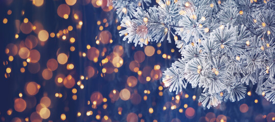 Christmas winter Background with snowy Christmas tree