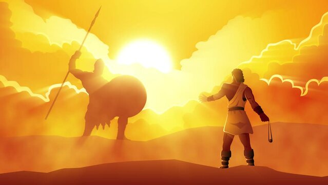 Biblical motion graphic of David and Goliath ready for a duel in dramatic scene