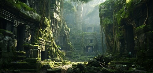 Mesmerizing ancient ruins hidden in a dense jungle, reclaimed by nature.