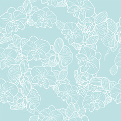 Orchid flower flower branch with buds and flowers seamless pattern for textile. Vector illustration for tropical design, romantic wedding invite, delicate and elegance background