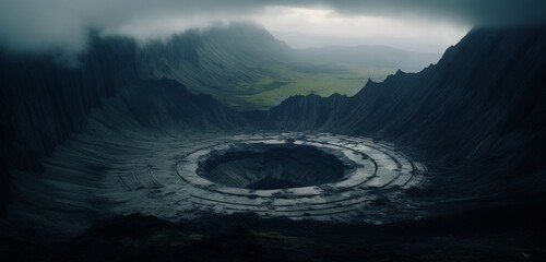 Obraz premium Mesmerizing ancient volcano crater cloaked in mist and mystery.