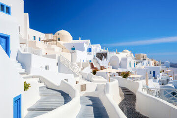 striking white buildings of Santorini stand out under the bright blue sky - obrazy, fototapety, plakaty
