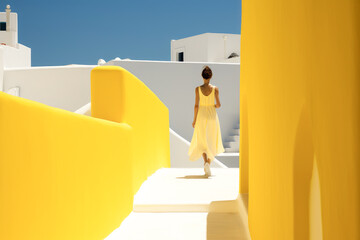 beautiful young model strolling along a Mediterranean island street