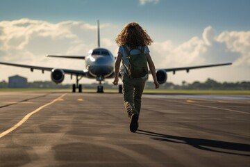  young adventurer runs excitedly toward a stationary airplane on a sunlit runway, symbolizing...