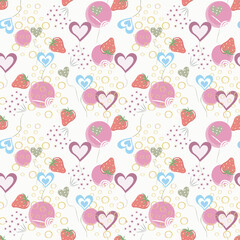 Stylish, floral seamless pattern with Strawberry, cute daisies, hearts, circles and lollipops on a  white, background. Vector abstract design for paper, cover, fabric, interior decor 