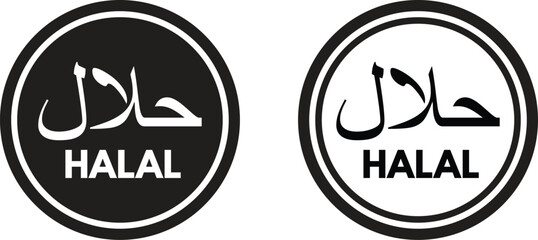 Halal food icon set in two styles isolated on white background . Halal food certified icon vector - obrazy, fototapety, plakaty