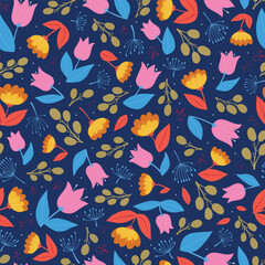 floral seamless pattern with abstract flowers and leaves on blue background for wallpaper, scrapbooking, wrapping paper, textile prints, etc. EPS 10