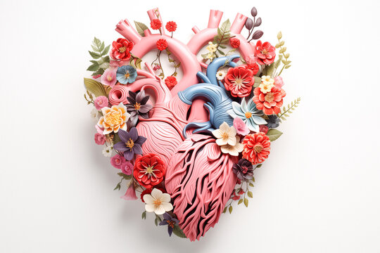 Human heart with flowers and leaves on white background, 3D Organ Model, Heart Disease Awareness Month Concept, Healing Human Heart