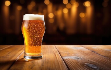 Glass of beer with bubbles on a wooden table