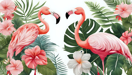 Wallpaper pattern of branches, flowers and roses with flamingos with a background of tropical nature