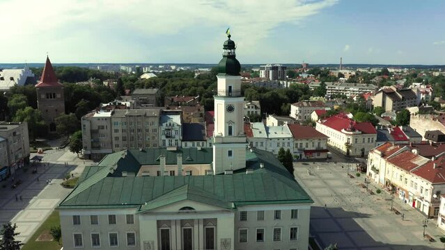 City center of Drohobych, Ukraine. Aerial photography of the city hall in the historical and cultural center of Drohobych, panoramic view of the city.