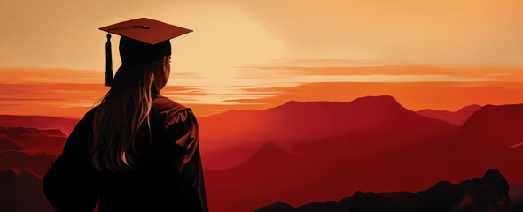  Silhouetted against a dramatic sunset, a graduate contemplates the vast landscape ahead, symbolizing the endless possibilities after graduation. The vast skies and warm hues create a backdrop for con