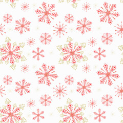 Сreative seamless pattern of  red snowflakes on a  white background. New Year's festive theme. Vector design for winter decor, print, wallpaper, packaging, web design, textiles, covers, invitations