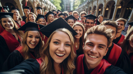 Joyful graduates take a group selfie, capturing the essence of celebration and camaraderie on their graduation day.