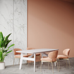 Warm peach fuzz 2024 color trend dining room. White marble, table and colorful apricot wall backgraund. Minimalist  mockup for art. Modern cozy interior with accents scene stylish details. 3d render