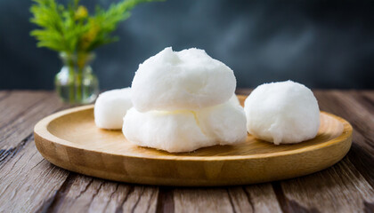 Fototapeta na wymiar Tasty white cotton candy in a bowl on wooden table