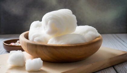 Fototapeta na wymiar Tasty white cotton candy in a bowl on wooden table