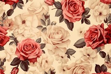 Vintage Floral pattern made of beige flowers and rosebuds. Flat lay, top view. Valentines background. Flower background.