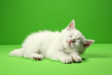 Fototapeta na wymiar White kitten falling a sleep on a green screen