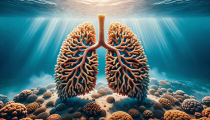 Illustration of Ocean's Lungs. Coral in form of the respiratory system. Ecosystem Vitality concept, breath of the sea. Nature and environment protection, eco friendly 